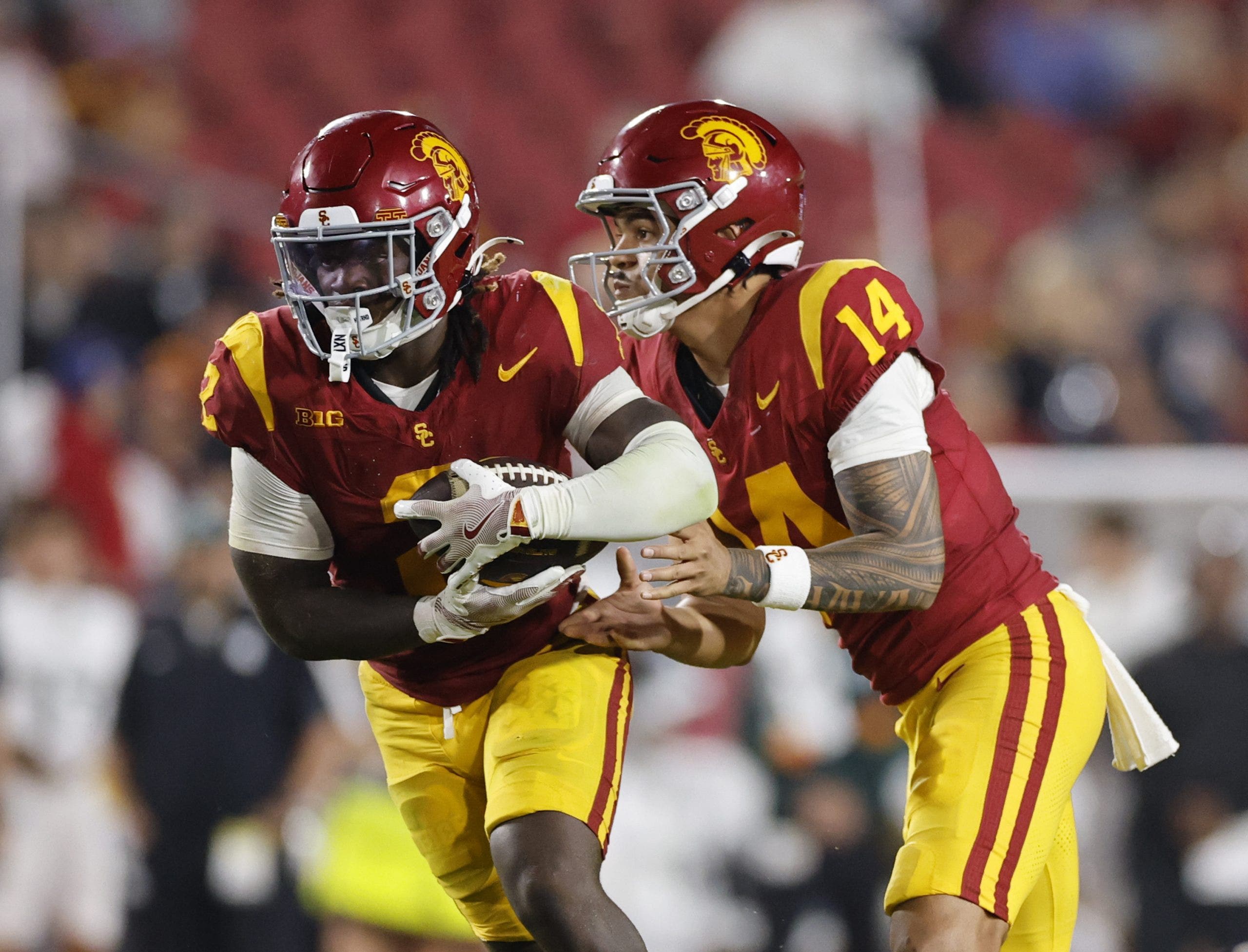 Waymond Jordan (left) and Jayden Maiava have helped USC's offense to become one of the most potent in the nation so far this season. (Carlin Stiehl/ Los Angeles Times via Getty Images)