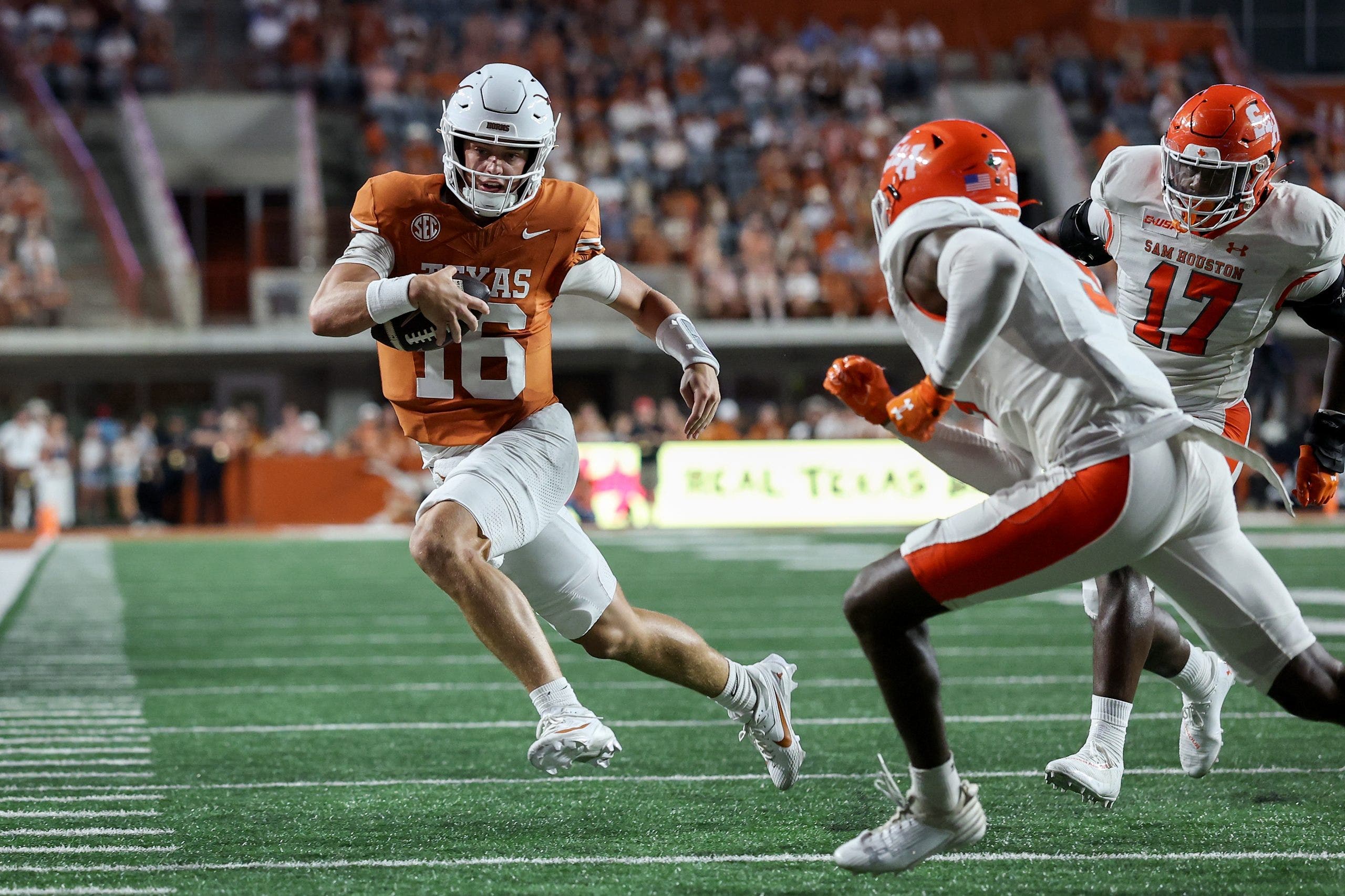 Arch Manning hasn't had the best start to the year, but he had a promising performance against Sam Houston in Week 4. (Photo by Tim Warner/Getty Images)