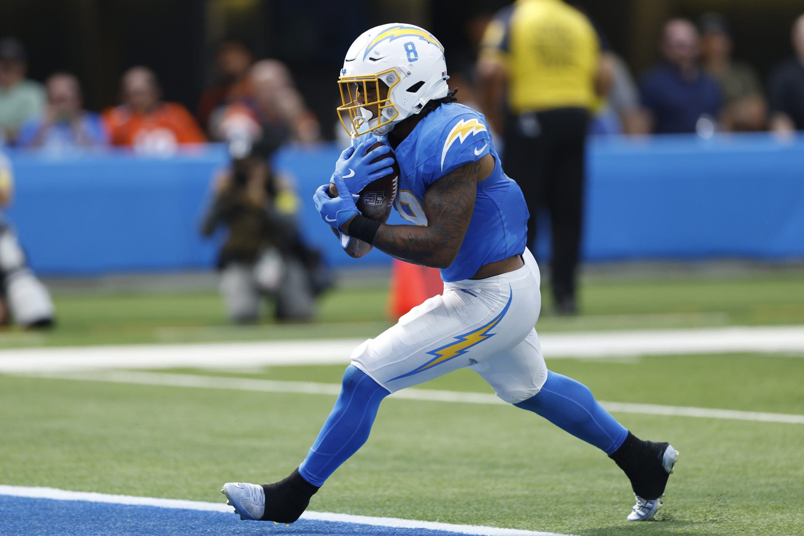 Omarion Hampton rushed for 70 yards and a touchdown in the Chargers' win over the Broncos in Week 3. (Photo by Ronald Martinez/Getty Images)