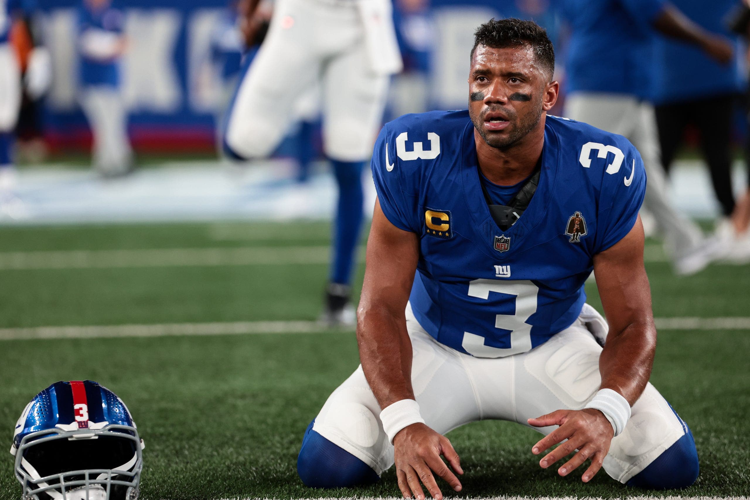 Russell Wilson's days as the Giants' starting quarterback could be over, with the team set to start rookie Jaxson Dart in Week 4. (Photo by Kathryn Riley/Getty Images)