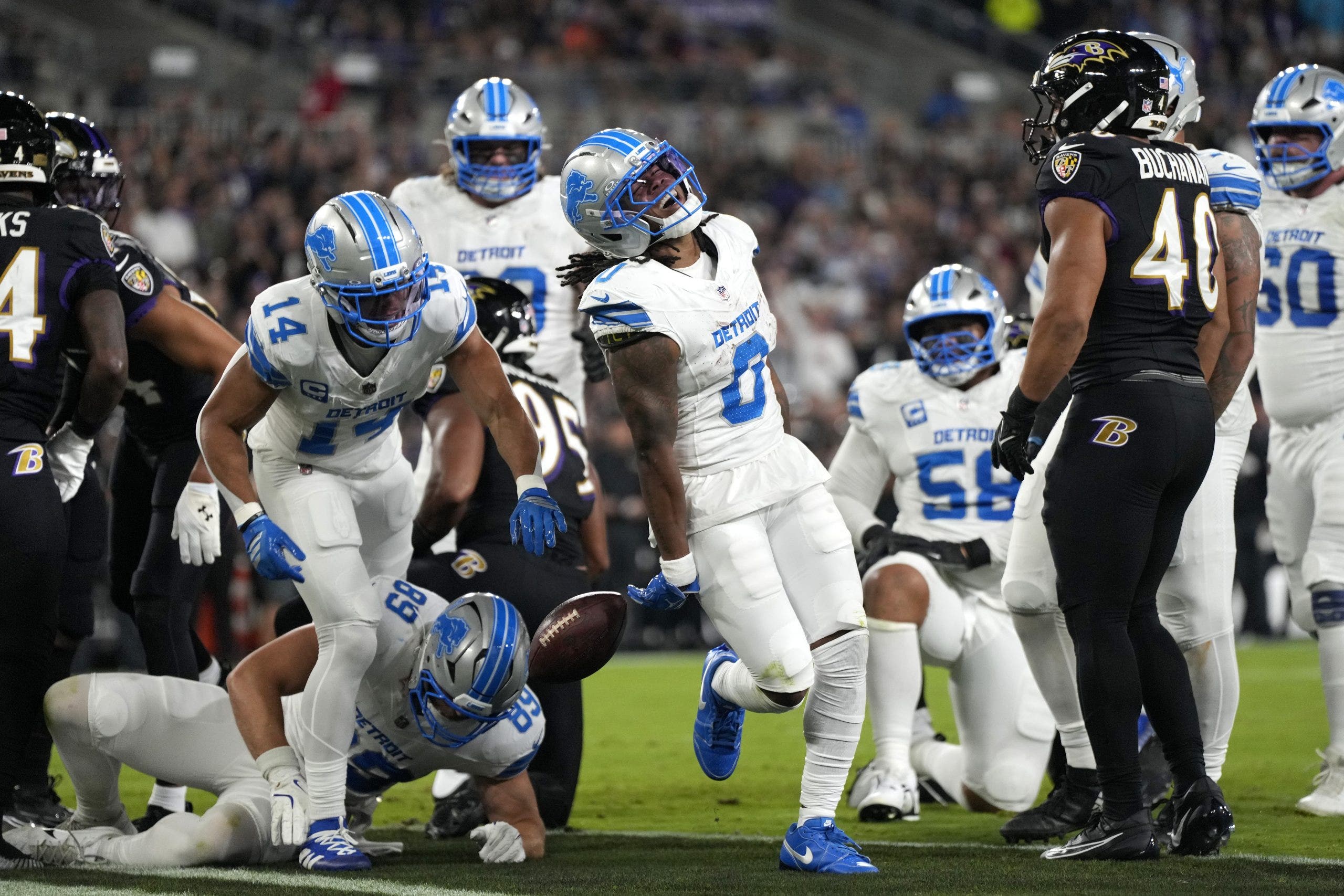 Jahmyr Gibbs rushed for two touchdowns in the Lions' win over the Ravens on Monday night. (Photo by Jess Rapfogel/Getty Images)