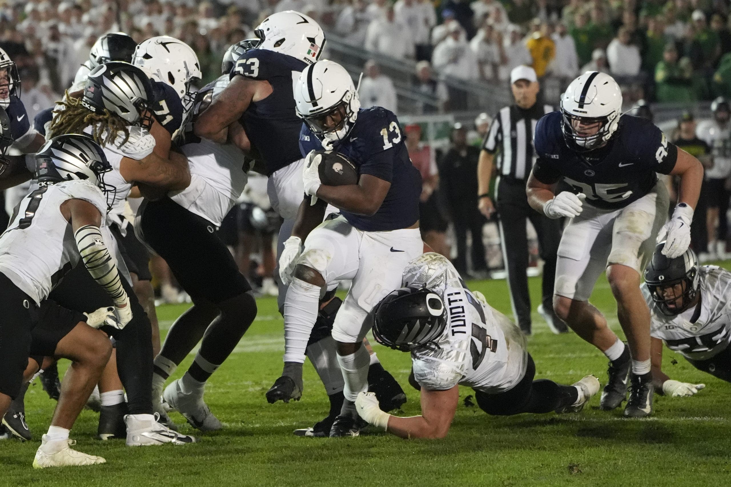 Kaytron Allen rushed for 54 yards and a touchdown for Penn State against Oregon, while Nicholas Singleton only rushed for 21 yards on 11 carries. (Photo by Gregory Fisher/Icon Sportswire via Getty Images)