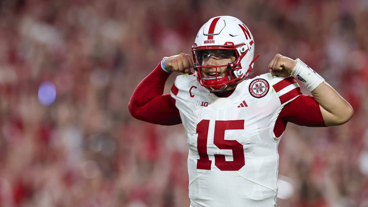 Dylan Raiola #15 of the Nebraska Cornhuskers celebrates during the second half against the Cincinnati Bearcats. (Photo by Aaron M. Sprecher/Getty Images)