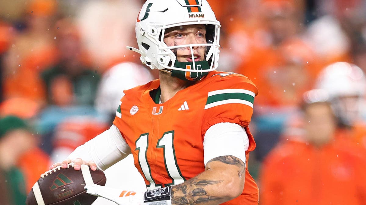 Miami QB Carson Beck #11 throws a pass against Notre Dame. (Photo by Megan Briggs/Getty Images)