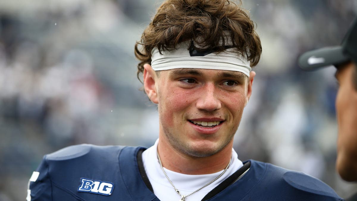 Drew Allar #15 of the Penn State Nittany Lions smiles during an interview after a game against FIU. (Photo by Isaiah Vazquez/Getty Images)
