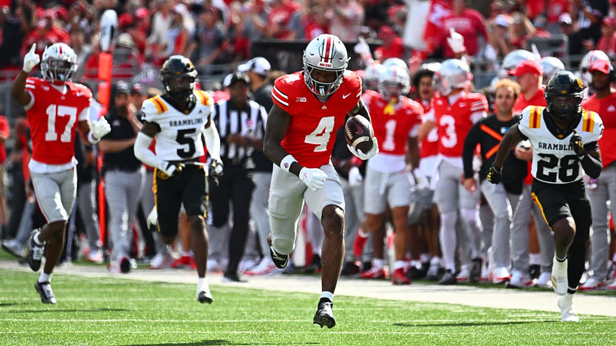 Jeremiah Smith caught two touchdowns against Grambling. (Photo by Ben Jackson/Getty Images)