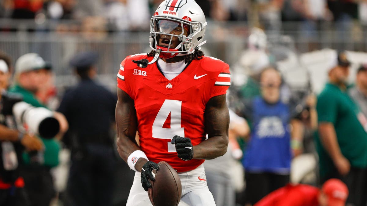 Ohio State wide receiver Jeremiah Smith (4) reacts during the game against the Ohio Bobcats. (Photo by Ian Johnson/Icon Sportswire via Getty Images)