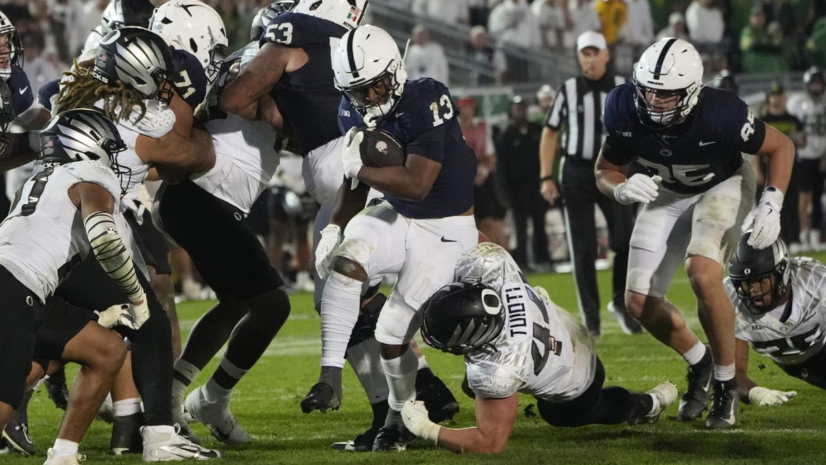 Kaytron Allen rushed for 54 yards and a touchdown for Penn State against Oregon, while Nicholas Singleton only rushed for 21 yards on 11 carries. (Photo by Gregory Fisher/Icon Sportswire via Getty Images)