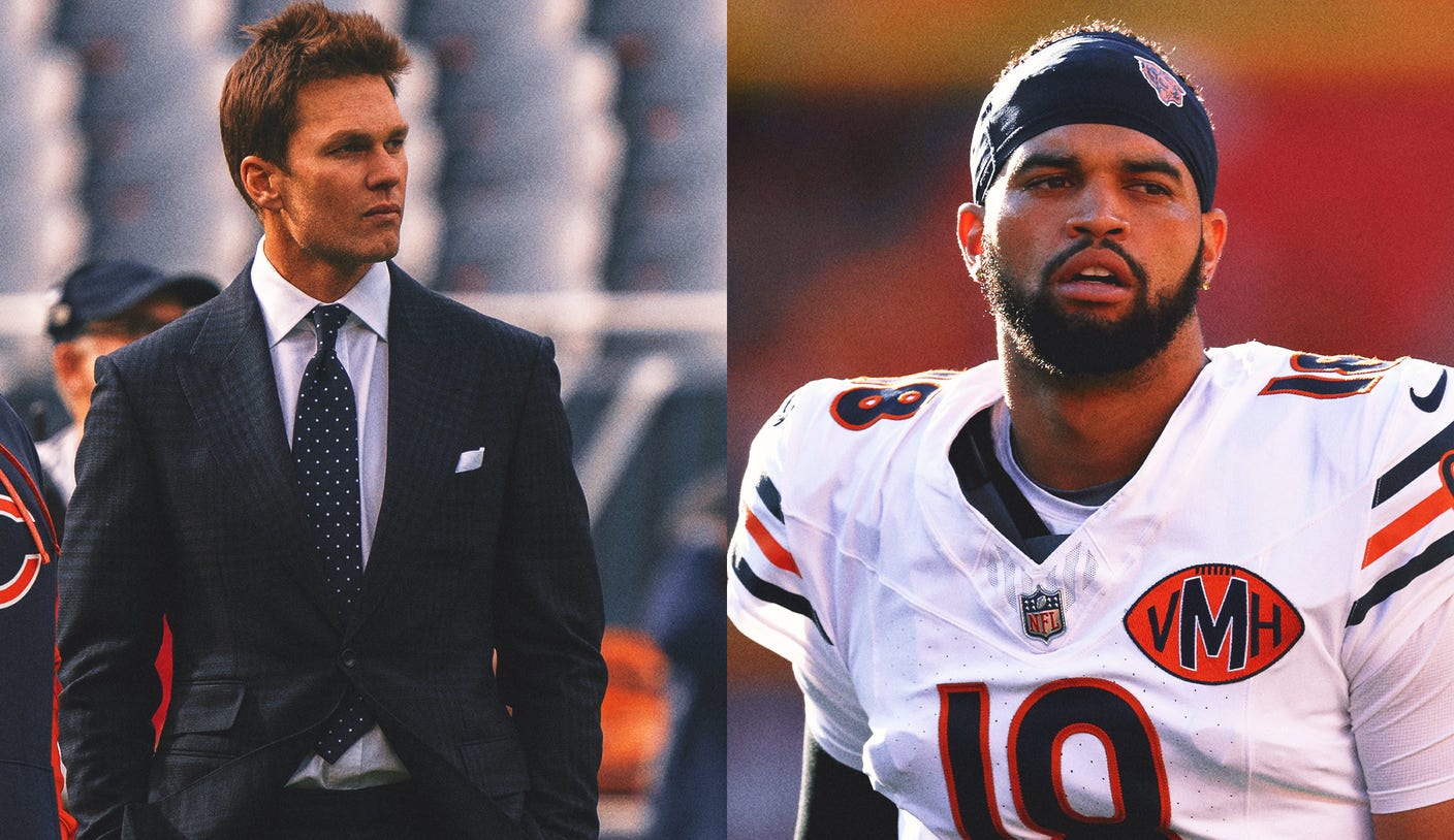 Tom Brady in discussion with Caleb Williams