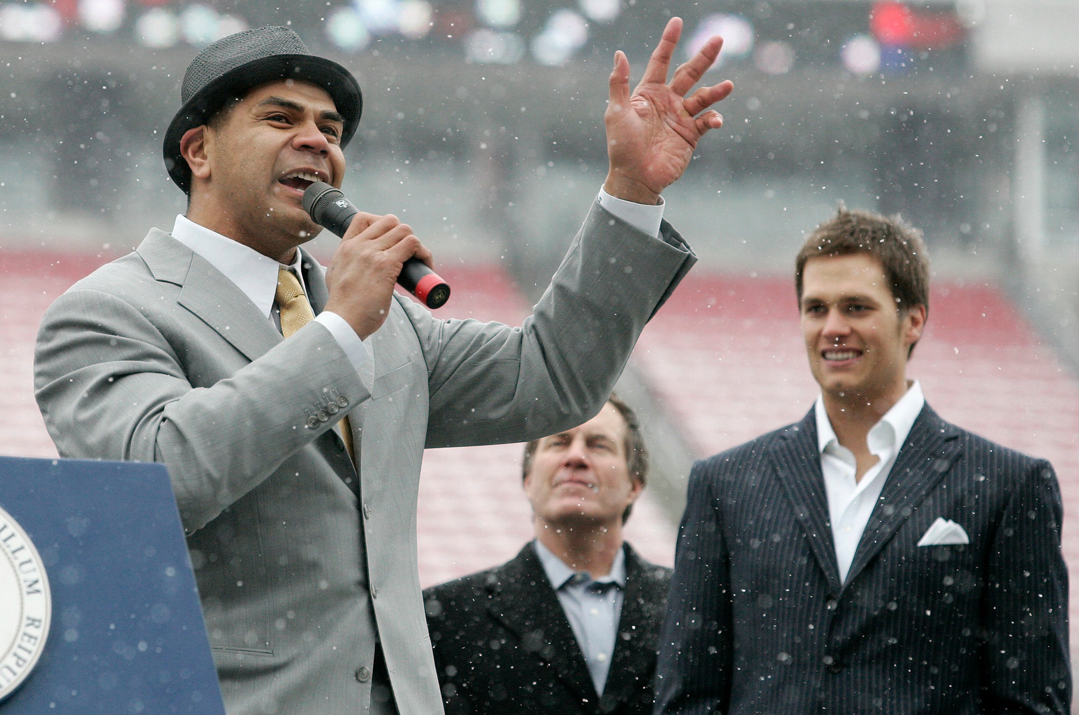 Junior Seau and Tom Brady were teammates together for four seasons. (Photo by Matthew Healey/MediaNews Group/Boston Herald via Getty Images)
