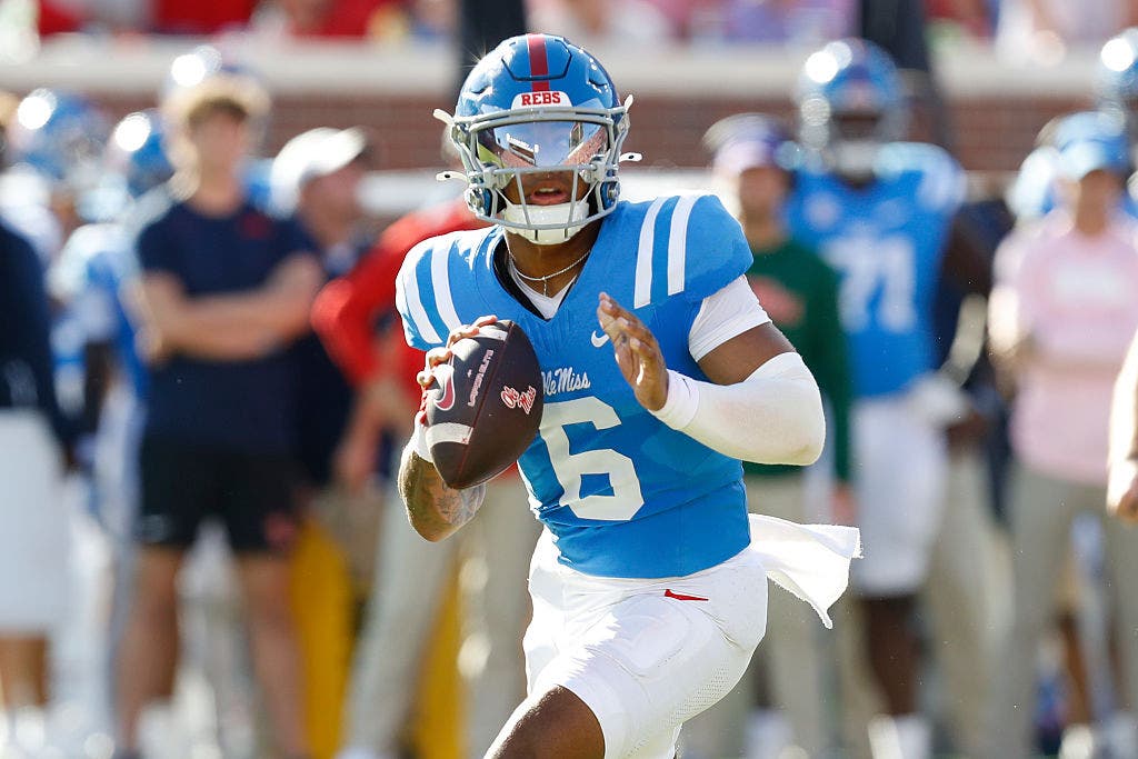 Ole Miss Rebels quarterback Trinidad Chambliss (6) drops back to pass during the college football game between the LSU Tigers and Ole Miss Rebels. (Photo by Andy Altenburger/Icon Sportswire via Getty Images)
