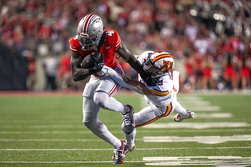 Jeremiah Smith has 463 receiving yards and six touchdowns through five games for Ohio State this season. (Photo by Jason Mowry/Getty Images)