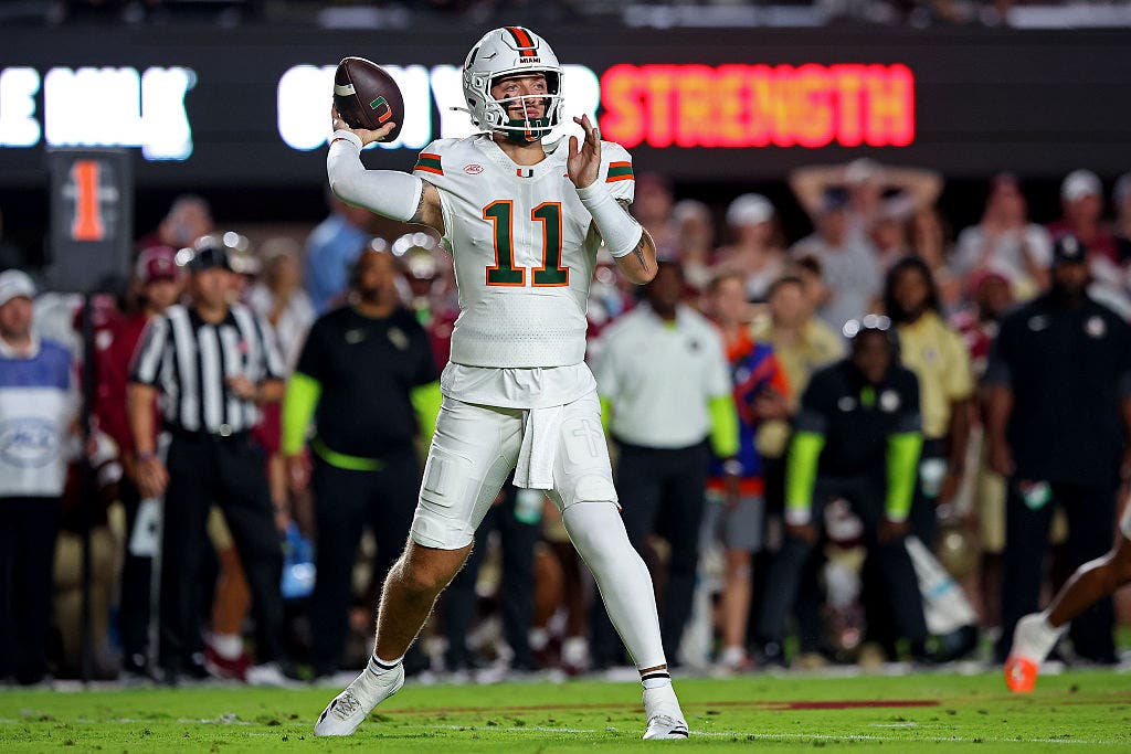 Carson Beck has thrown for 1,212 yards and 11 touchdowns through five games for Miami this season. (Photo by Jason Clark/Getty Images)