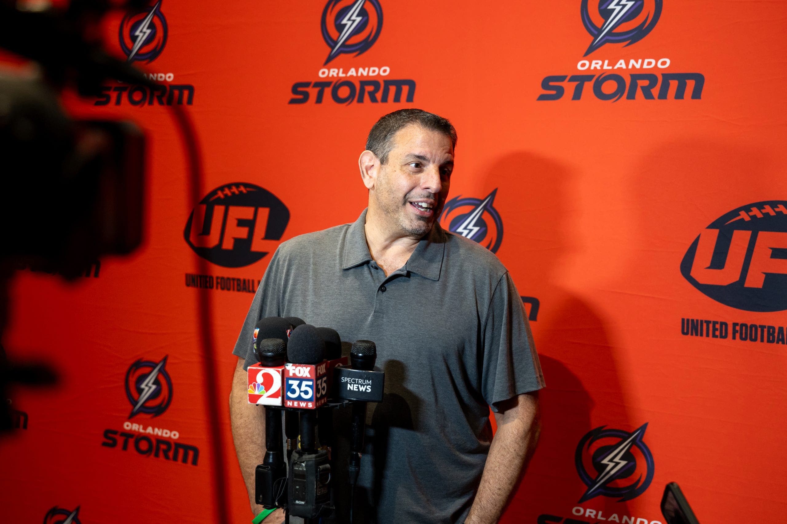 Mike Repole, new co-owner of the United Football League, speaks at the announcement of the expansion team, the Orlando Storm. (Photo by Mike Carlson/UFL/Getty Images)