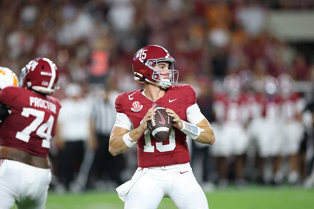 Ty Simpson #15 of the Alabama Crimson Tide looks to pass against the Tennessee Volunteers. (Photo by Kevin C. Cox/Getty Images)