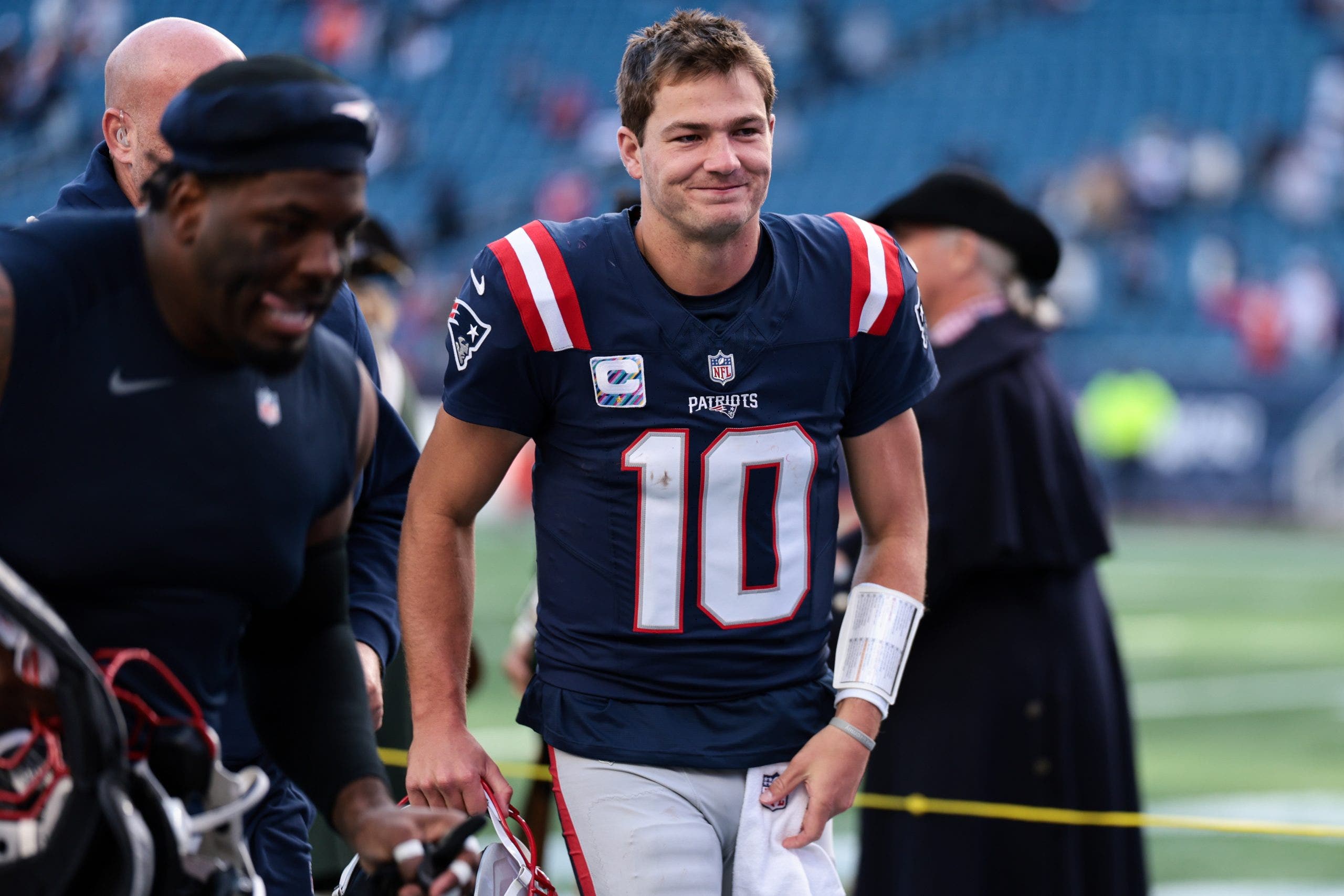 Drake Maye has been one of the league's most efficient passers and best deep ball quarterbacks so far this season, helping the Patriots win five straight games. (Photo by Kathryn Riley/Getty Images)