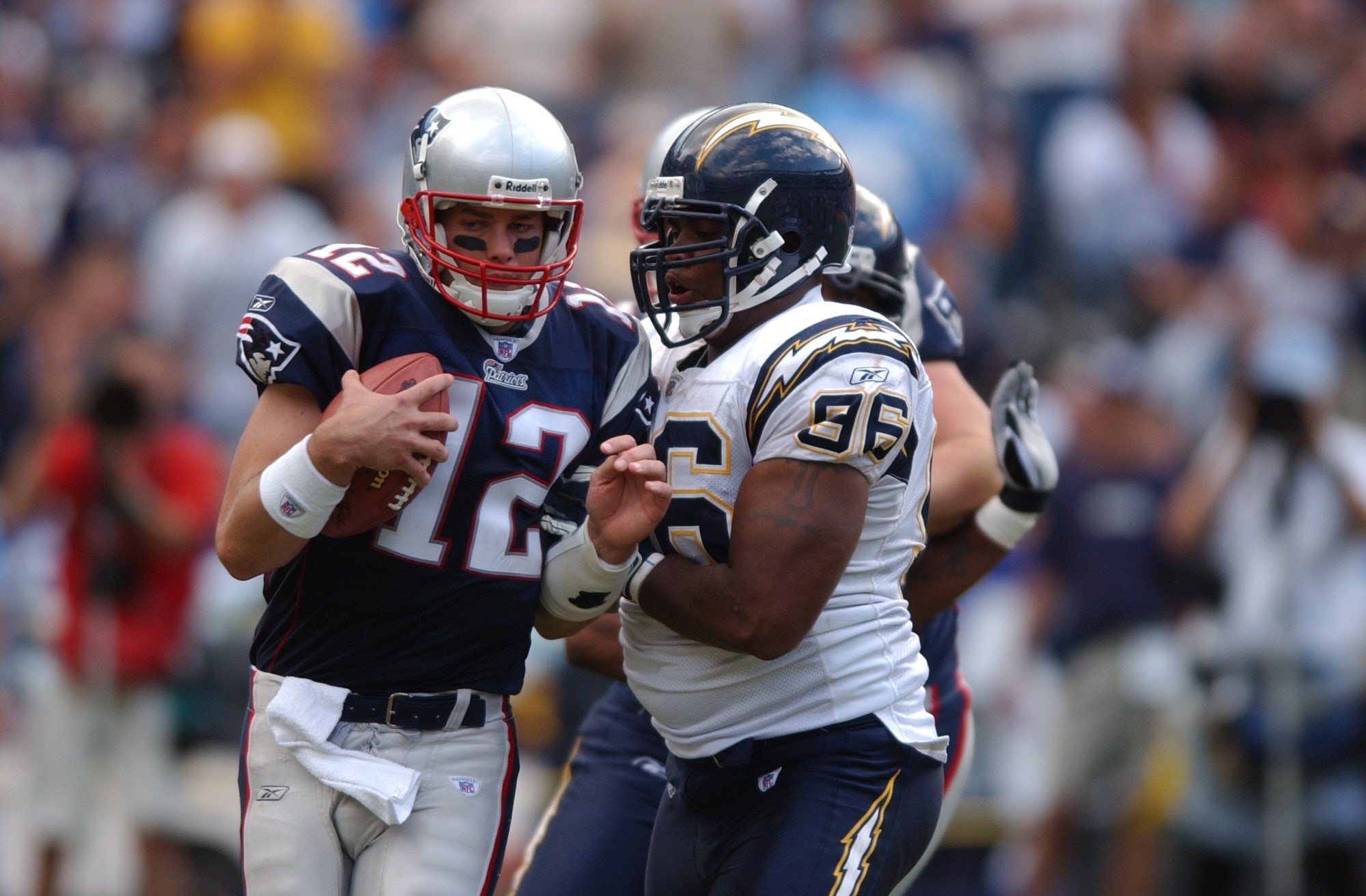 Tom Brady threw for 353 yards against the Chargers in 2002, but needed 53 attempts to do so as he also had two interceptions in the second half of the Patriots' loss. (Photo by Matt A. Brown/Icon Sportswire via Getty Images)
