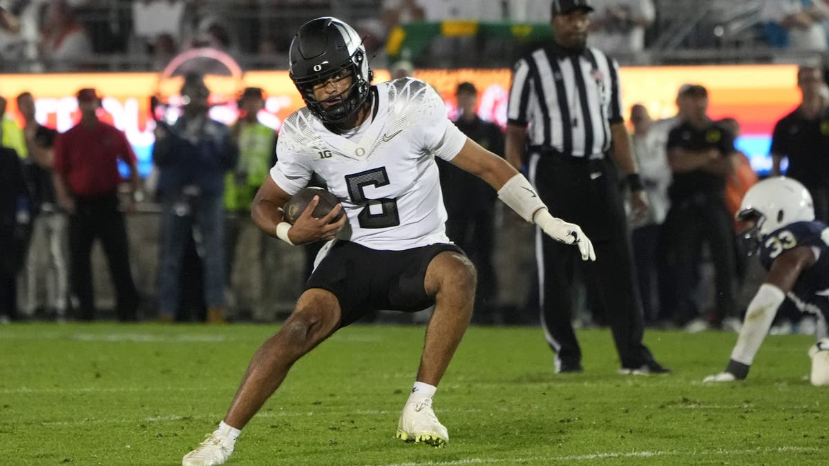 Dante Moore has led Oregon to an undefeated record through five games this season. (Photo by Gregory Fisher/Icon Sportswire via Getty Images)
