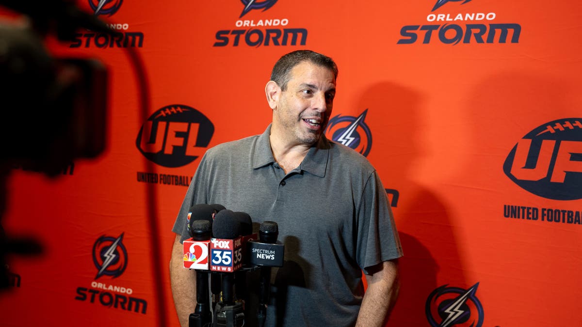 Mike Repole, new co-owner of the United Football League, speaks at the announcement of the expansion team, the Orlando Storm. (Photo by Mike Carlson/UFL/Getty Images)