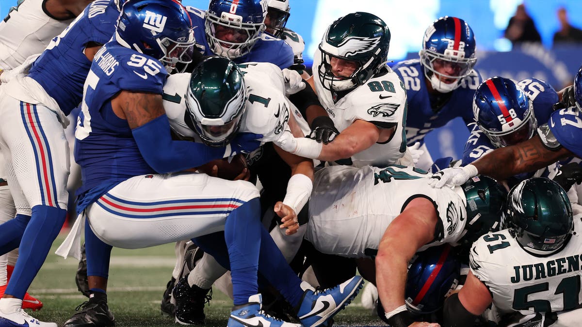 While the Giants have had a bit more success than other clubs this season in stopping the Tush Push, the play continues to be highly effective for the Eagles. (Photo by Elsa/Getty Images)