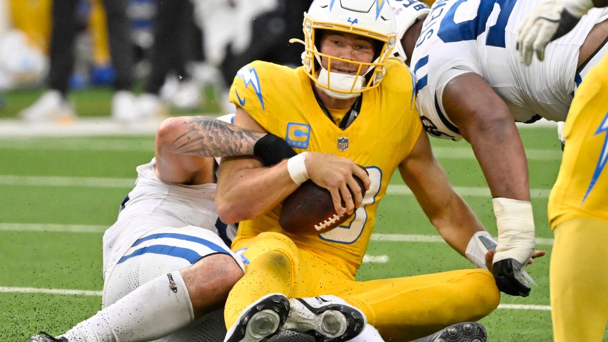 Justin Herbert was under pressure constantly against the Colts. (Keith Birmingham/MediaNews Group/Pasadena Star-News via Getty Images)