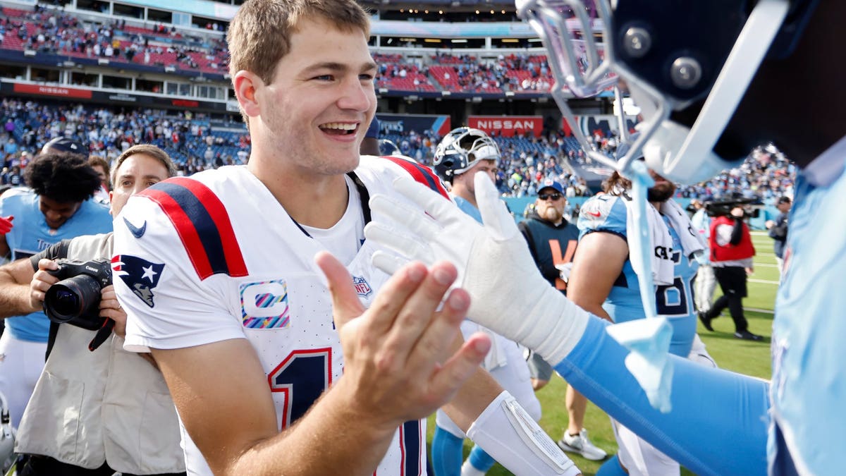 It's all smiles for Drake Maye and the first-place Patriots right now. (Johnnie Izquierdo/Getty Images)