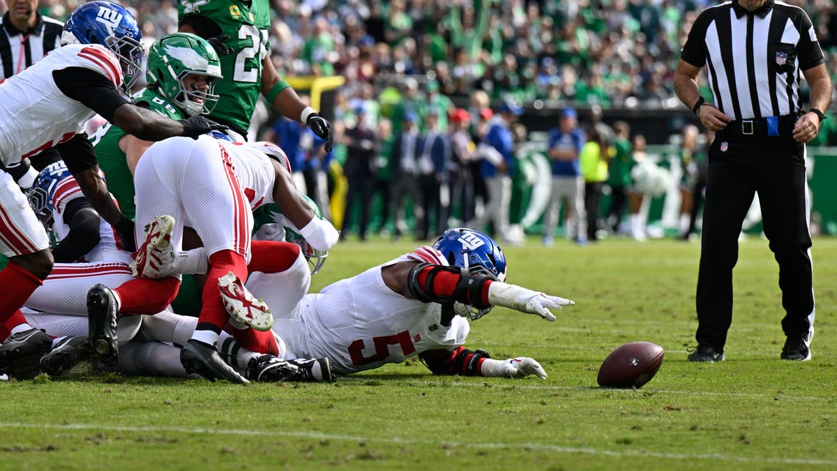 The Giants appeared to strip Jalen Hurts during a Tush Push in Week 8, but the play was called dead before the turnover. (Photo by Terence Lewis/Icon Sportswire via Getty Images)