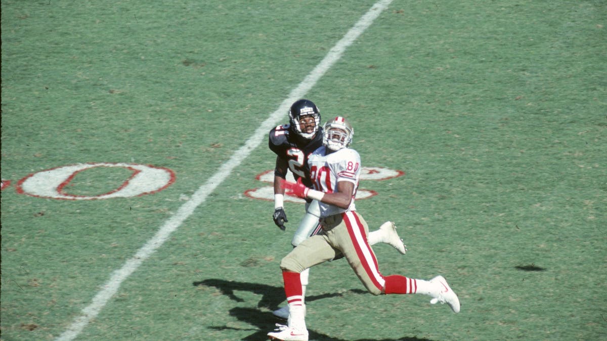 Jerry Rice had 225 receiving yards in a 49ers win over the Falcons in October 1990, catching four of Joe Montana's six touchdown passes that day. (Photo by Gin Ellis/Getty Images)