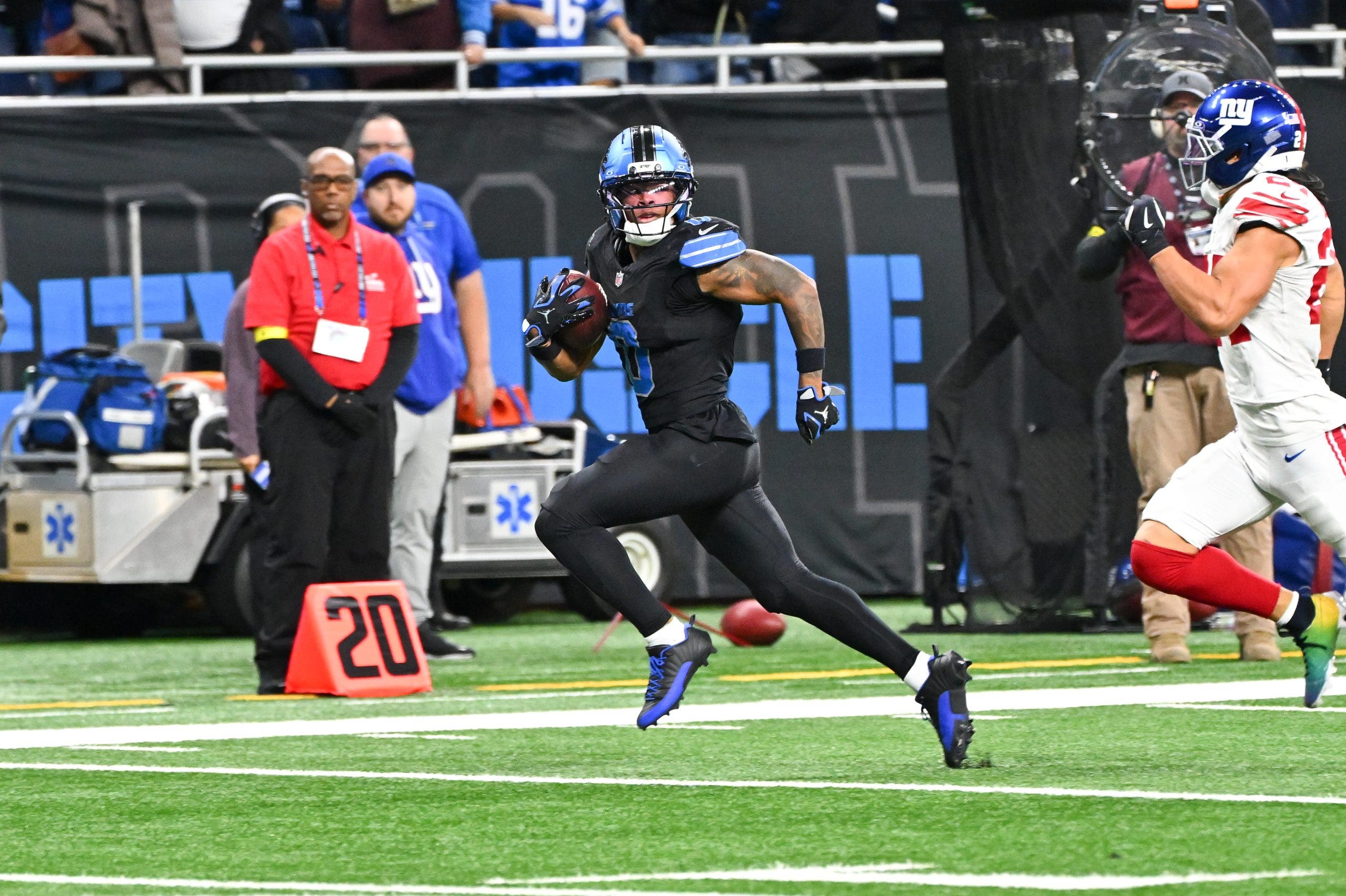 Jahmyr Gibbs scored the game-winning touchdown in the Lions' win over the Giants in Week 12. (Photo by Steven King/Icon Sportswire via Getty Images)