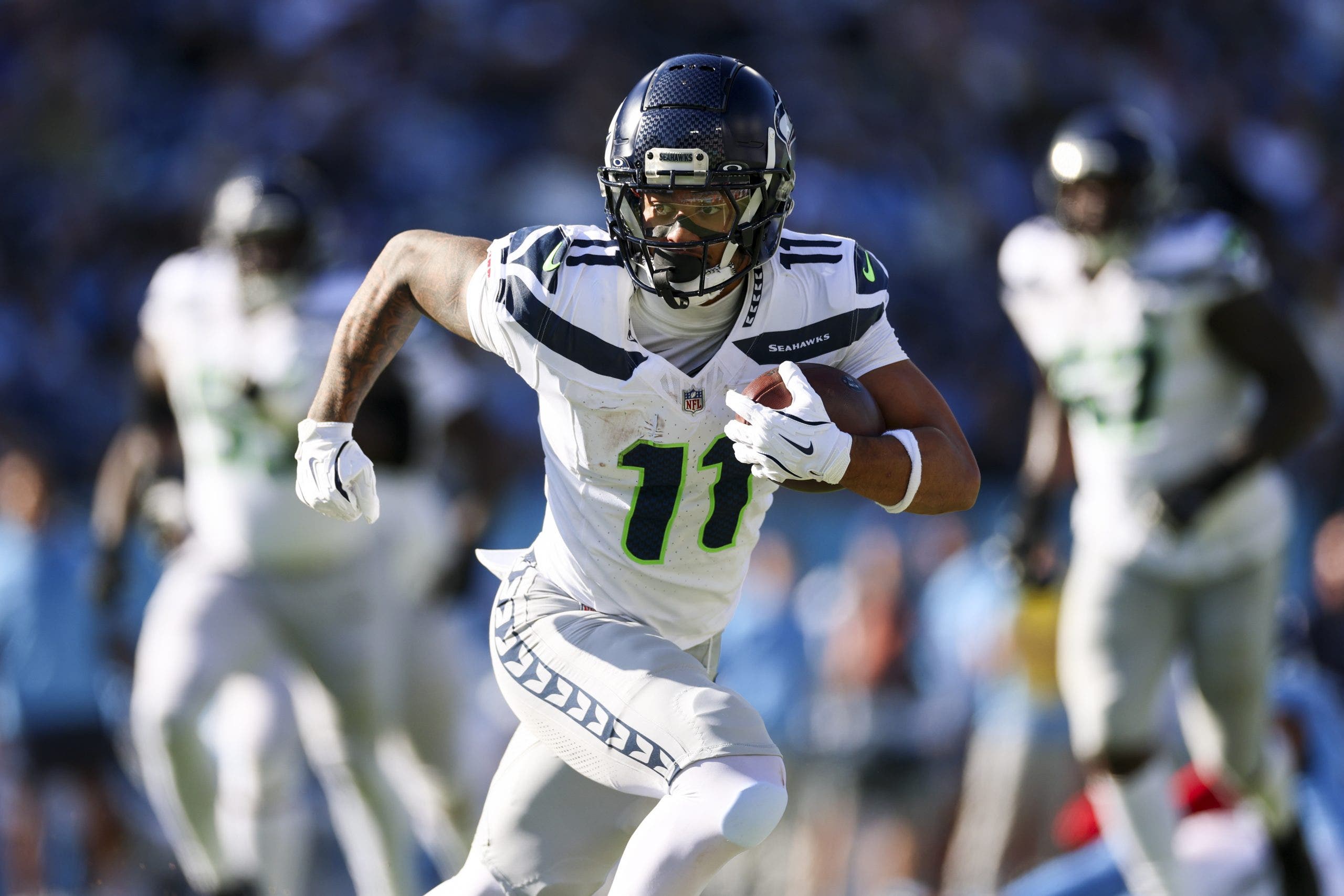 Jaxon Smith-Njigba had 167 receiving yards in the Seahawks' Week 12 win over the Titans. (Photo by Logan Bowles/Getty Images