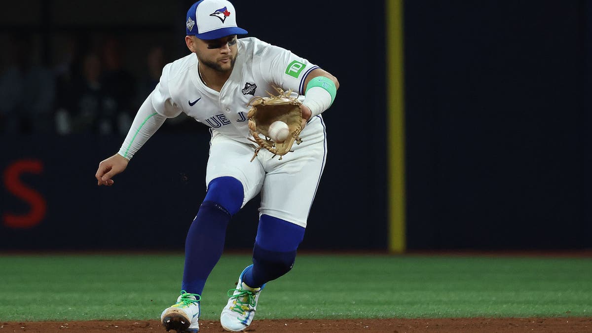 Bo Bichette played second base for the first time in his MLB career in the 2025 World Series. (Photo by Steve Russell/Toronto Star via Getty Images)