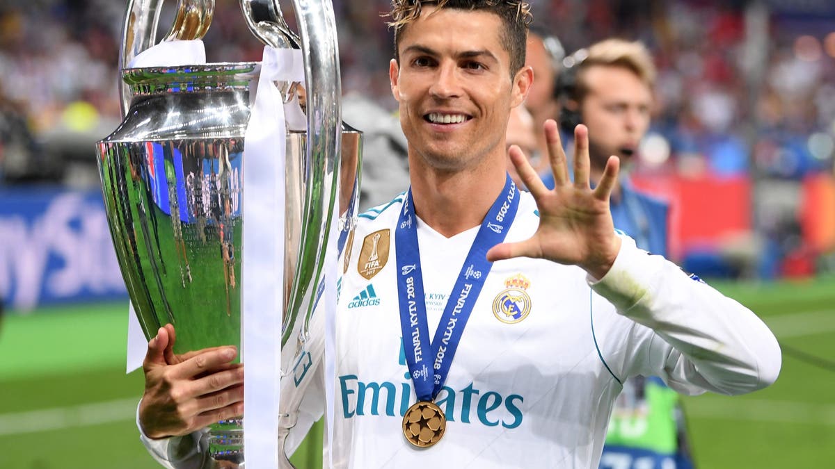 Cristiano Ronaldo of Real Madrid poses with the UEFA Champions League trophy following the UEFA Champions League Final between Real Madrid and Liverpool at NSC Olimpiyskiy Stadium on May 26, 2018 in Kiev, Ukraine.  (Photo by Laurence Griffiths/Getty Images)