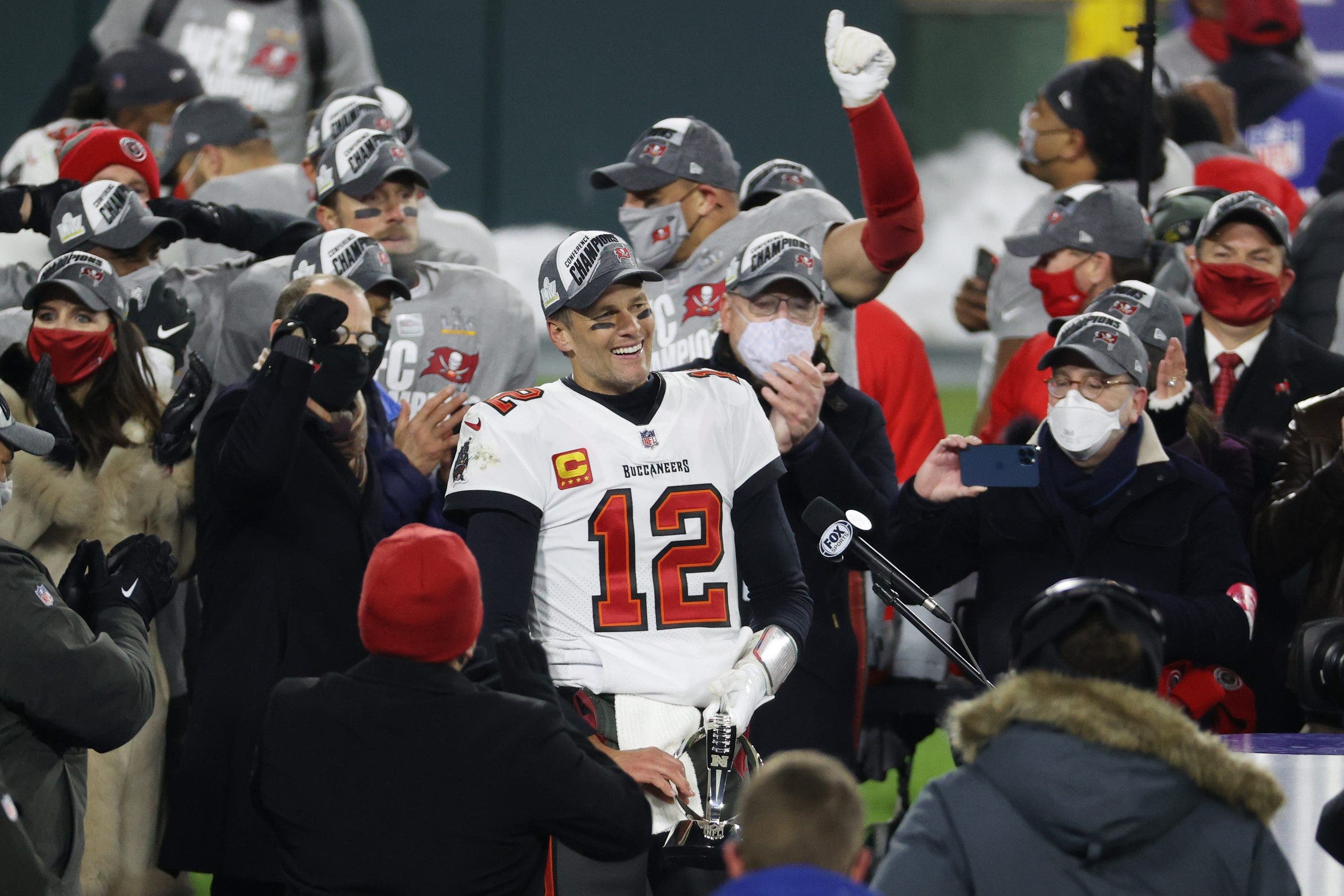 Tom Brady and the Buccaneers won the 2020 NFC Championship Game at Lambeau Field. (Photo by Dylan Buell/Getty Images)