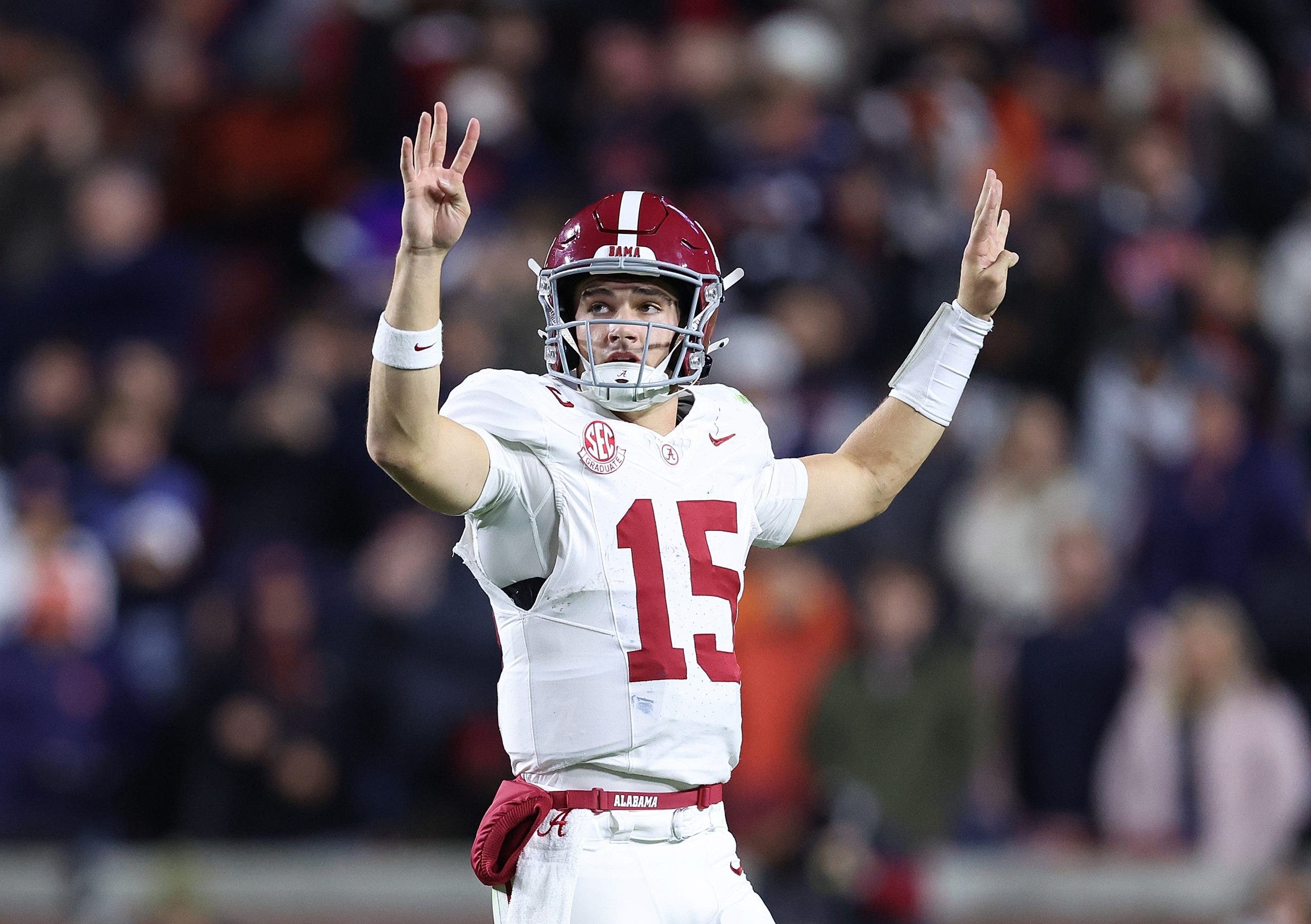 Alabama's Ty Simpson has gained some buzz as a potential first-round pick. (Photo by Kevin C. Cox/Getty Images)