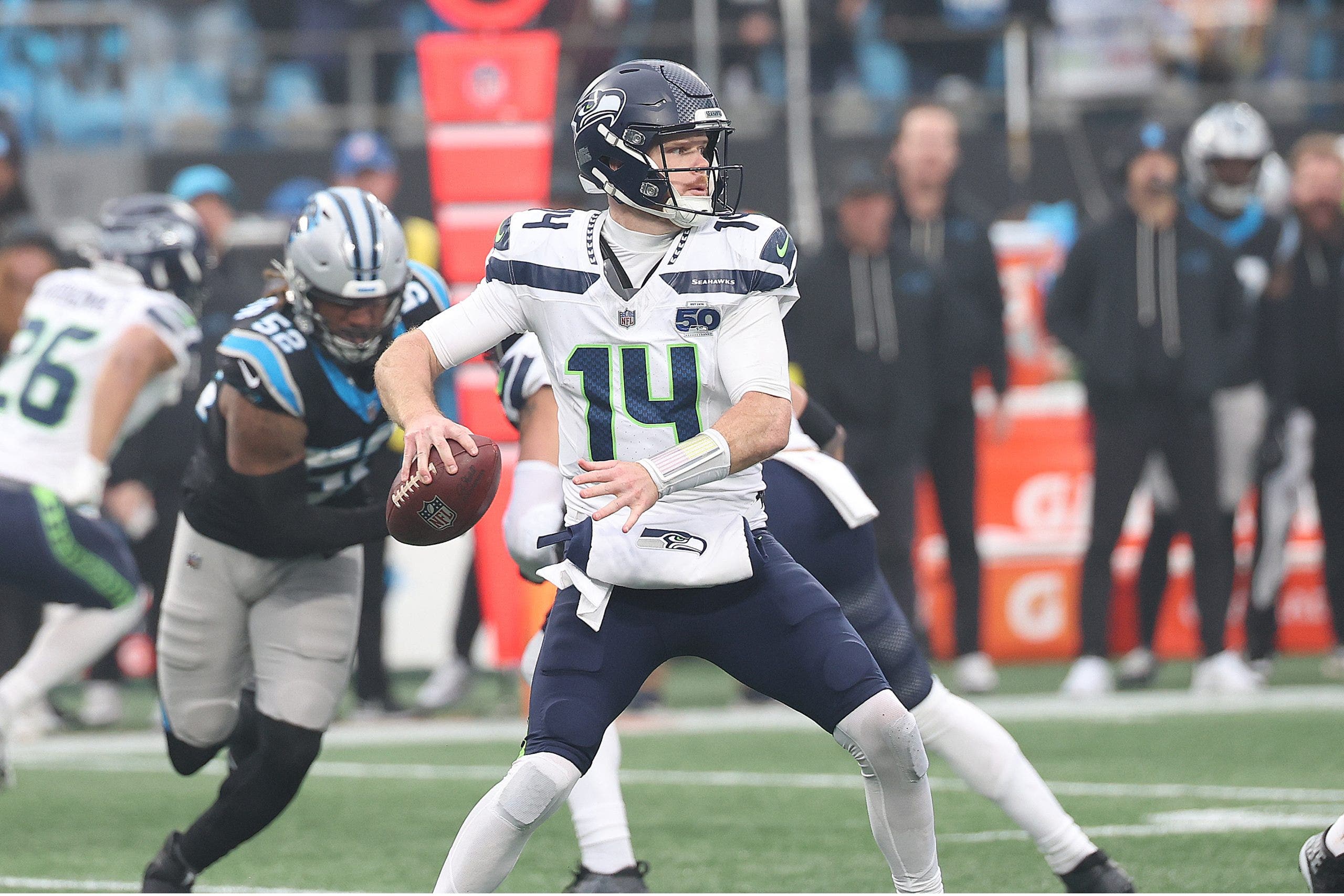 Sam Darnold was able to steer the Seahawks to victory despite the lousy conditions in Carolina on Sunday. (Photo by John Byrum/Icon Sportswire via Getty Images)