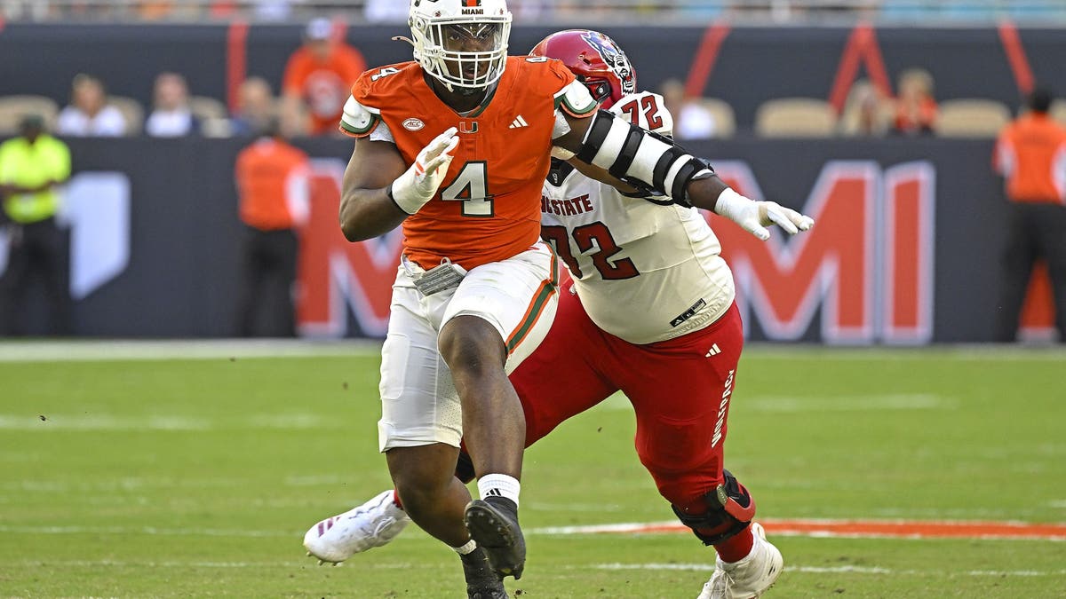 Miami's Rueben Bain Jr. is widely viewed as one of the top prospects in the 2026 NFL Draft. (Photo by Samuel Lewis/Icon Sportswire via Getty Images)