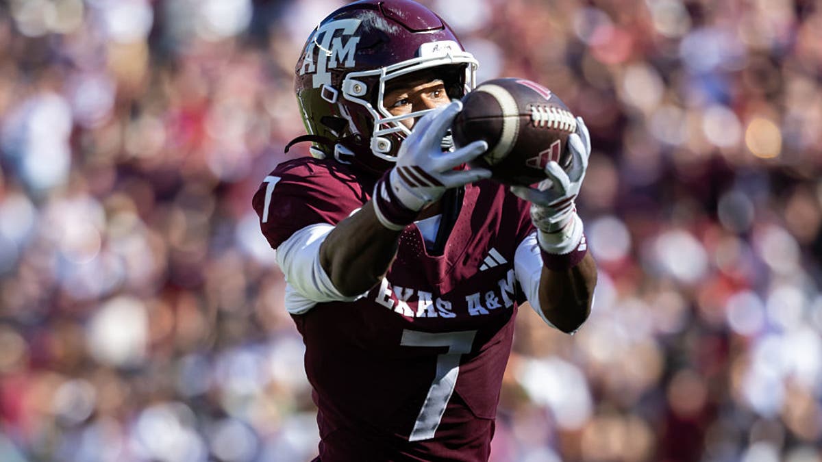 KC Concepcion #7 of the Texas A&amp;M Aggies catches a pass in the second half of a game against the South Carolina Gamecocks at Kyle Field on November 15, 2025 in College Station, Texas. (Photo by Joe Buvid/ISI Photos/ISI Photos via Getty Images)