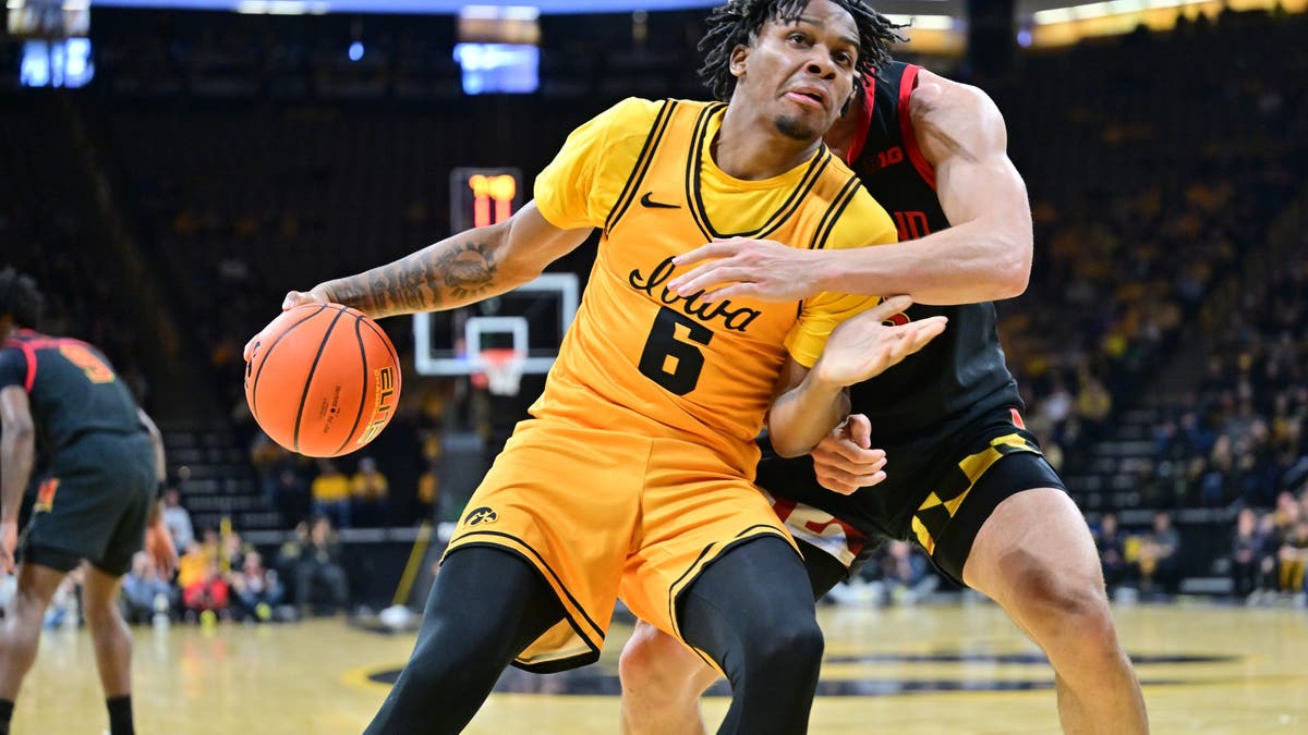 Iowa guard Tavion Banks had nine points in the win over Maryland on Saturday. (Photo by Keith Gillett/Icon Sportswire via Getty Images)