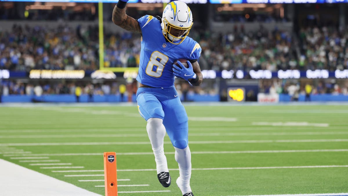 Omarion Hampton found the end zone in the first quarter against the Eagles. (Katelyn Mulcahy/Getty Images)