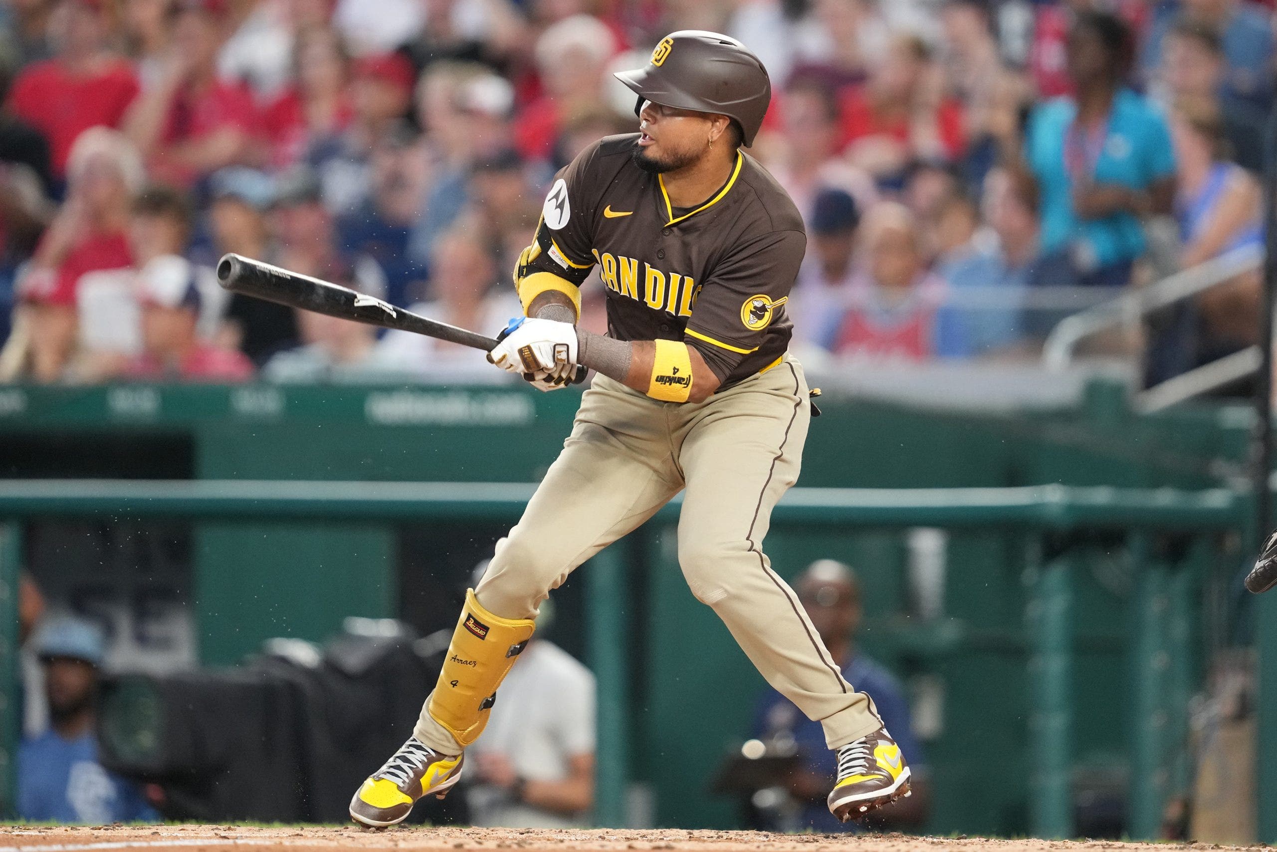 Luis Arraez has made 317 starts at second base and 244 starts at first base over his seven-year MLB career. (Photo by Mitchell Layton/Getty Images)