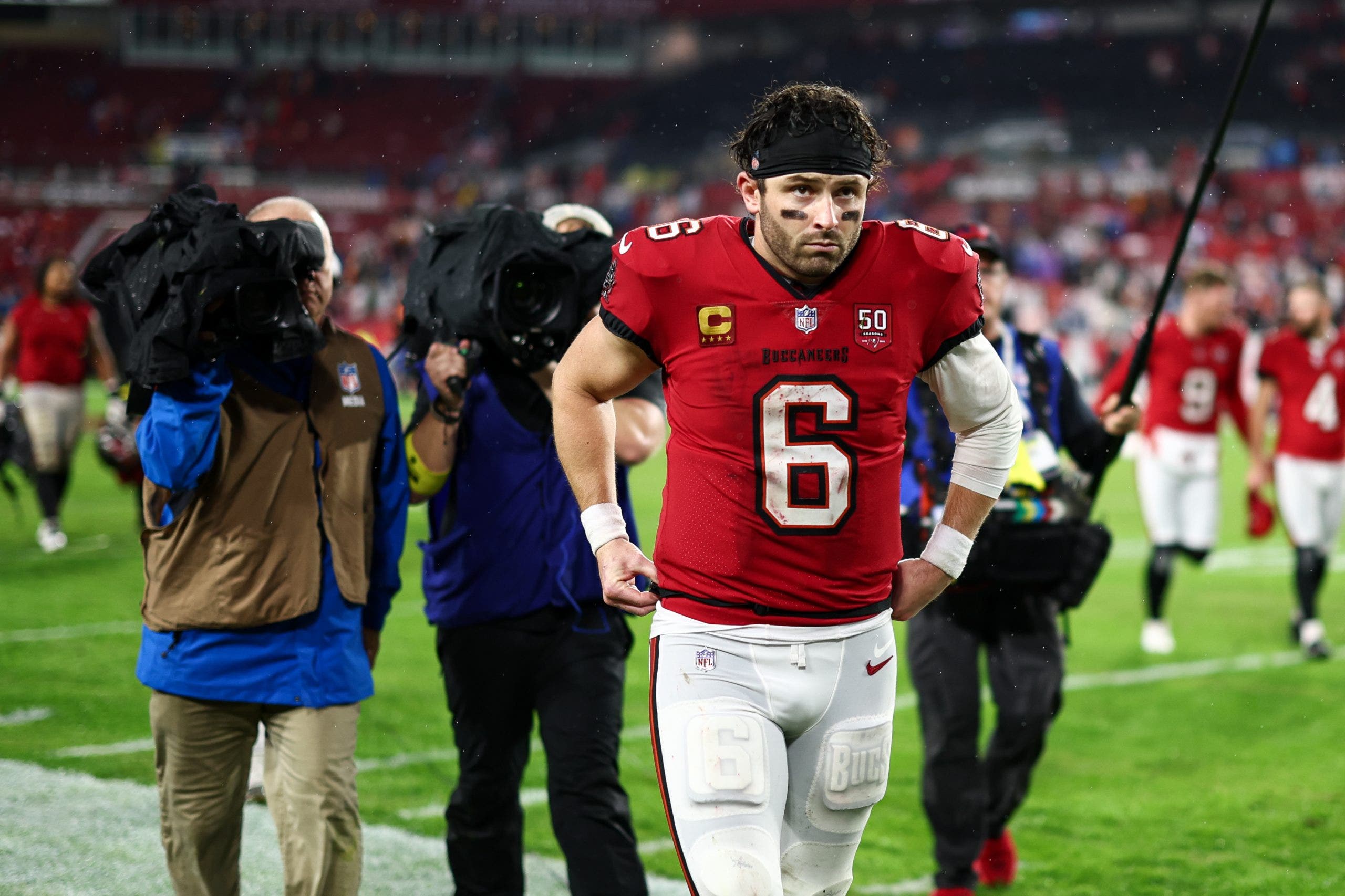 Baker Mayfield and the Buccaneers saw their playoff appearance streak end at five this season.. (Photo by Kevin Sabitus/Getty Images)
