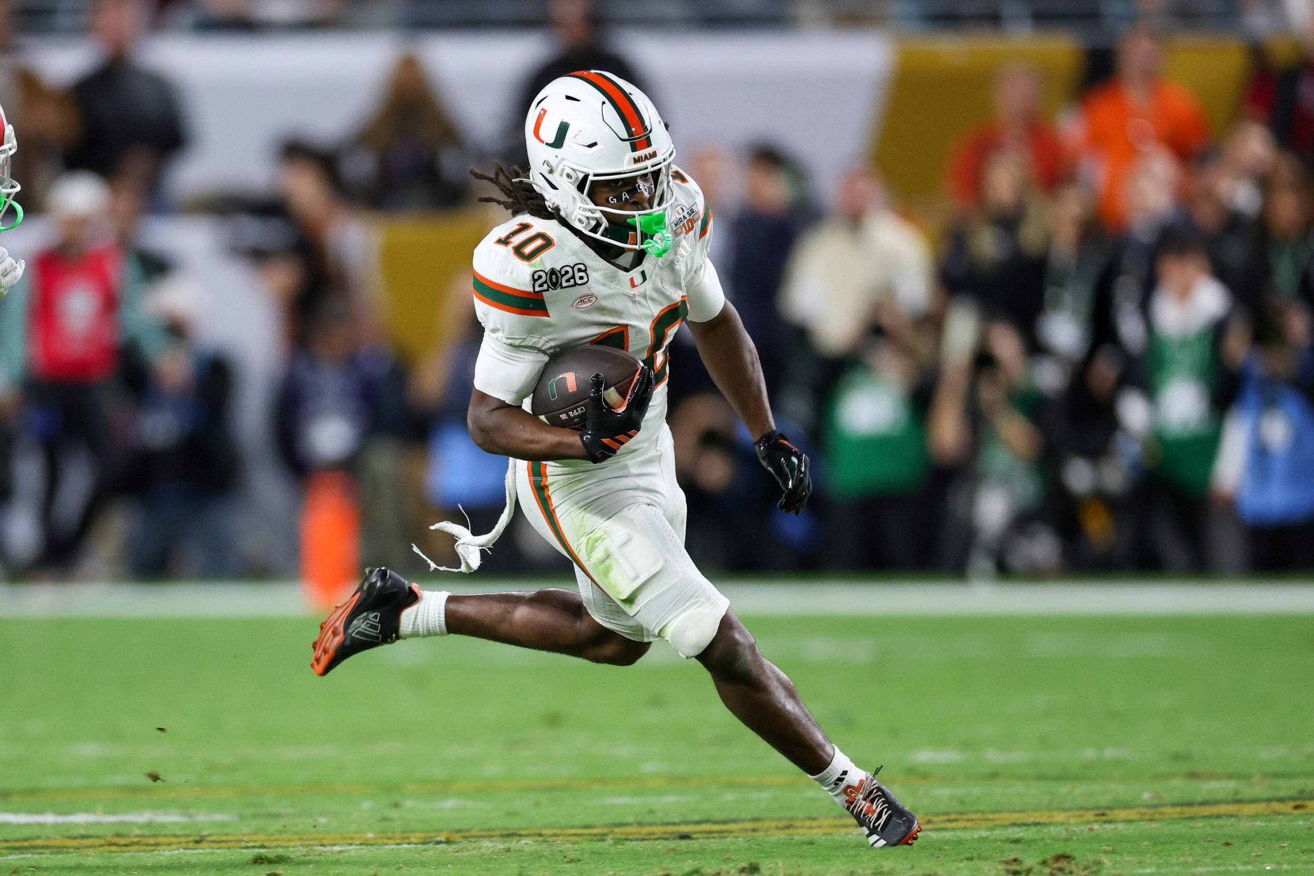 MIAMI GARDENS, FL - JANUARY 19: WR Malachi Toney #10 of the Miami Hurricanes runs with the ball after a reception during the Indiana Hoosiers versus the Miami Hurricanes College Football Playoff National Championship Game Presented by AT&T on January 19, 2026, at Hard Rock Stadium in Miami Gardens, FL. (Photo by David Buono/Icon Sportswire via Getty Images)