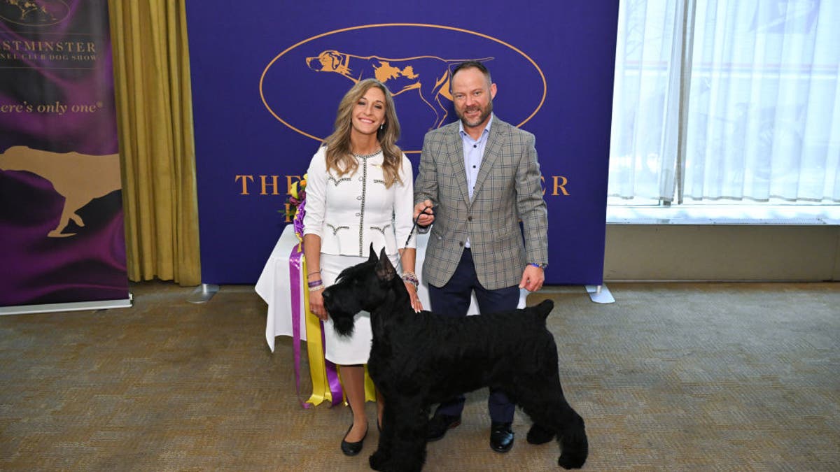 Dog handler Katherine Bernardin, Adam Bernardin, and Monty, a Giant Schnauzer, who was the best in Show winner. (Photo by Bryan Bedder/Getty Images for Westminster Kennel Club)