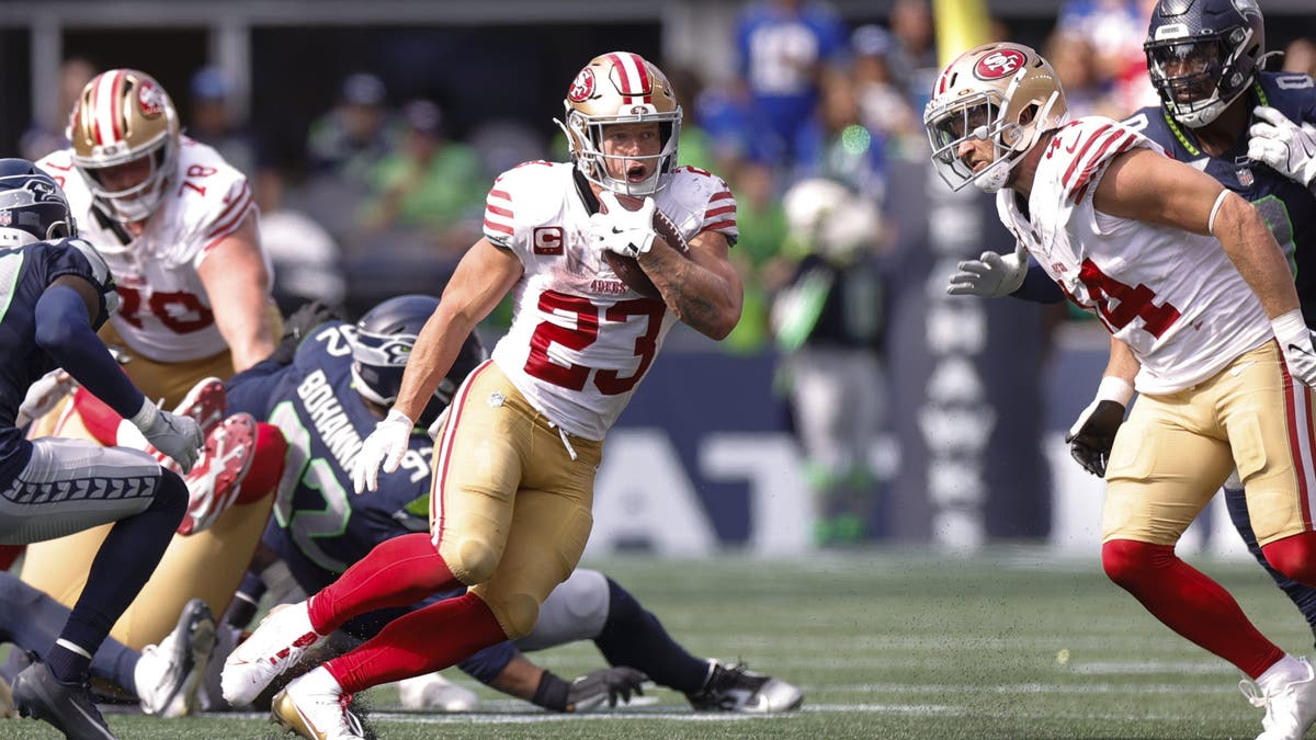 Christian McCaffrey rushed for 69 yards on 3.1 yards per carry when the 49ers and Seahawks faced off in Week 1 in Seattle. (Photo by Michael Zagaris/San Francisco 49ers/Getty Images)