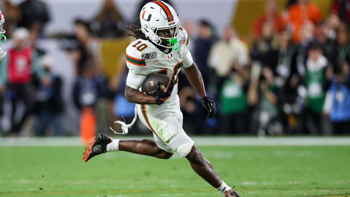 MIAMI GARDENS, FL - JANUARY 19: WR Malachi Toney #10 of the Miami Hurricanes runs with the ball after a reception during the Indiana Hoosiers versus the Miami Hurricanes College Football Playoff National Championship Game Presented by AT&amp;amp;T on January 19, 2026, at Hard Rock Stadium in Miami Gardens, FL. (Photo by David Buono/Icon Sportswire via Getty Images)