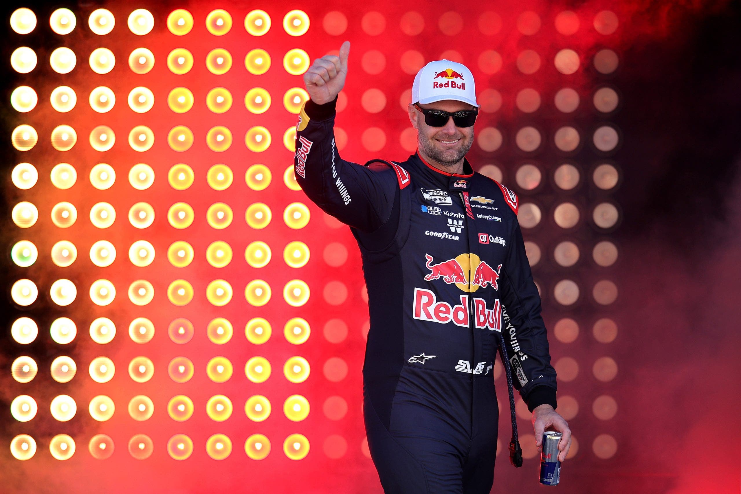 Shane van Gisbergen, driver of the No. 97 Chevrolet, walks onstage during driver intros for the NASCAR Cup Series Autotrader 400 at Echo Park Speedway on February 22, 2026 in Hampton, Georgia. (Photo by Jonathan Bachman/Getty Images)