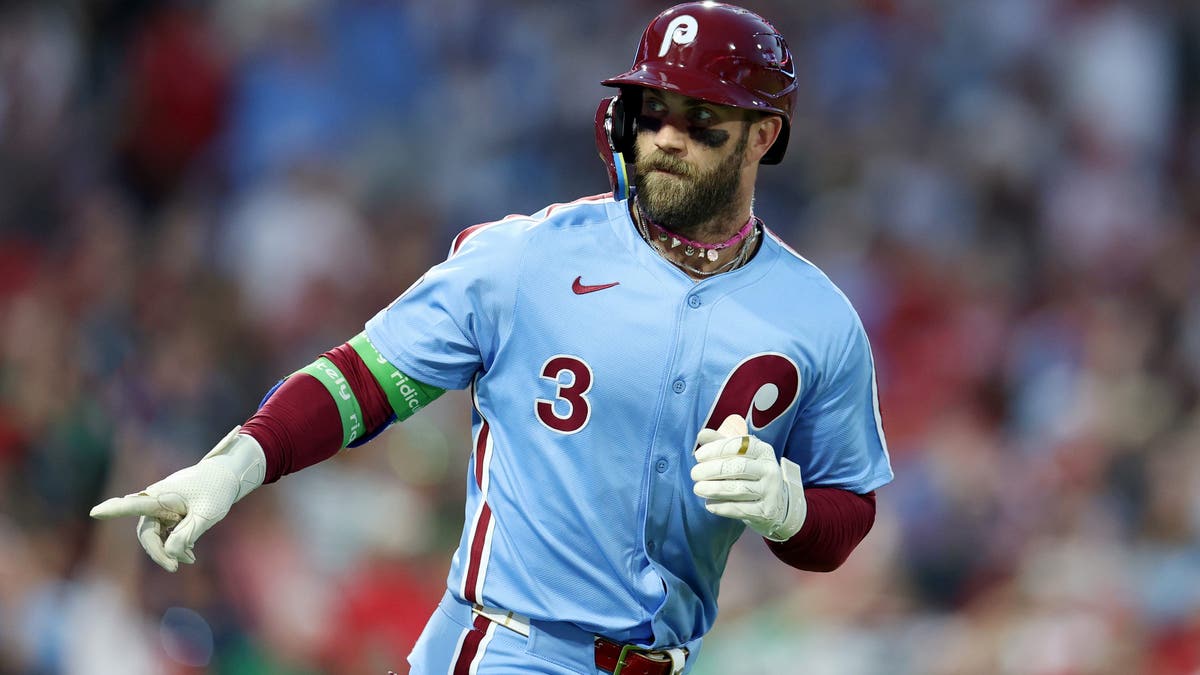 The Phillies moved Bryce Harper, a career-long outfielder, to first base on a full-time basis in 2023. (Photo by Emilee Chinn/Getty Images)