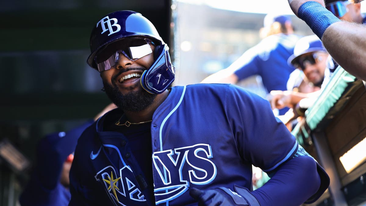 Junior Caminero's 45 home runs in 2025 ranked second in Rays history for a single season. (Photo by Geoff Stellfox/MLB Photos via Getty Images)