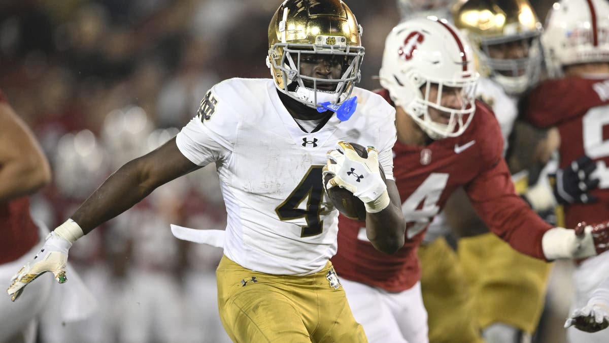 Notre Dame's Jeremiyah Love was arguably the best running back in college football last season, rushing for 1,372 yards on 6.9 yards per carry and 18 touchdowns en route to becoming a Heisman finalist. (Photo by Eakin Howard/Getty Images)