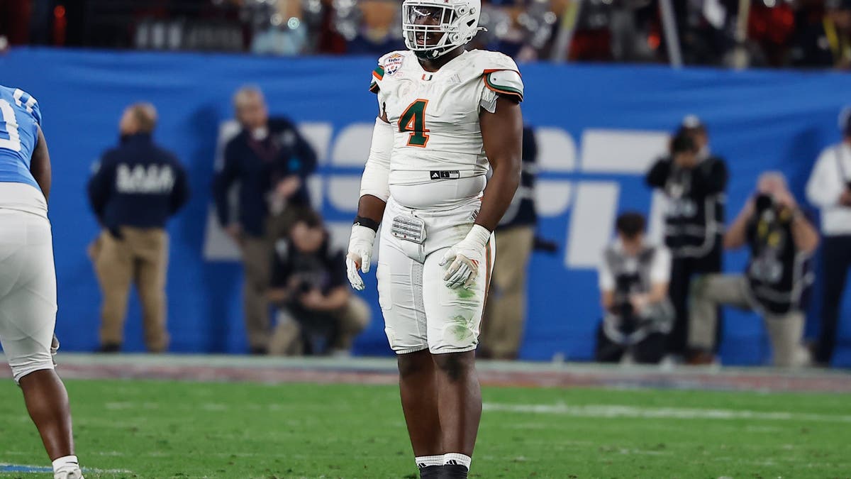 Miami (Fla.) Rueben Bain Jr. is one of the top edge rushers in this year's draft class. (Photo by Kevin Abele/Icon Sportswire via Getty Images)